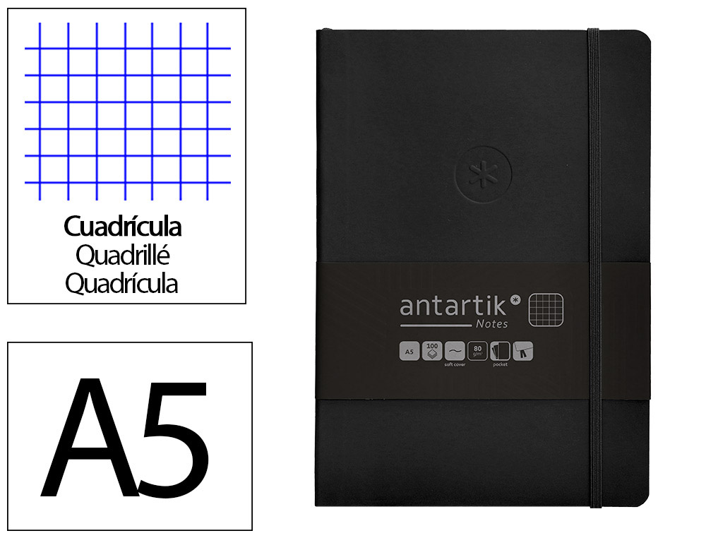 CUADERNO CON GOMILLA ANTARTIK NOTES TAPA BLANDA A5 HOJAS CUADRICULA NEGRO 80 HOJAS 80 GR FSC