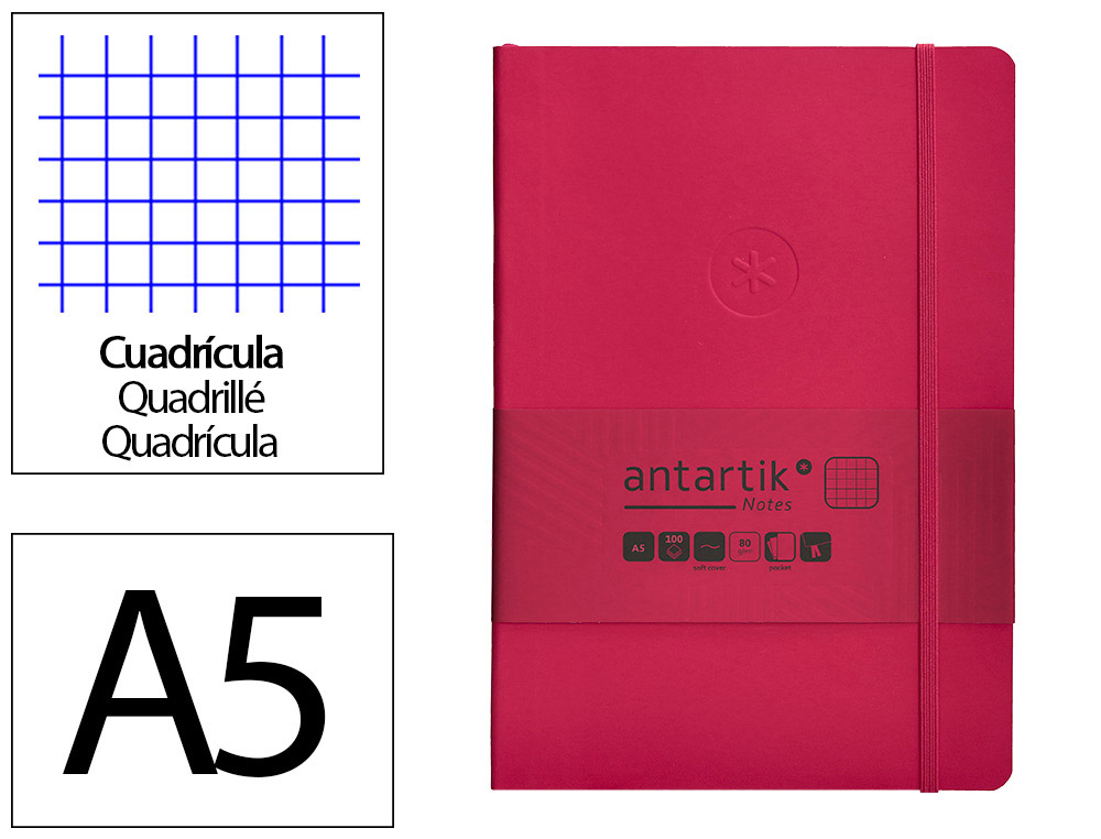 CUADERNO CON GOMILLA ANTARTIK NOTES TAPA BLANDA A5 HOJAS CUADRICULA BURDEOS 80 HOJAS 80 GR FSC