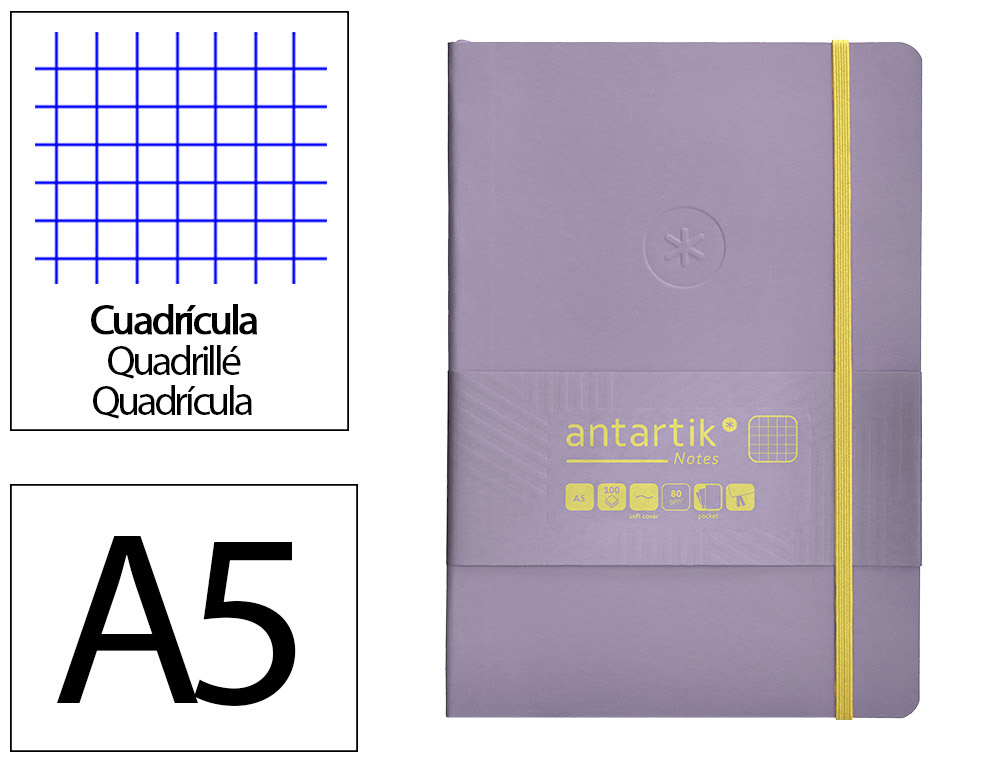 CUADERNO CON GOMILLA ANTARTIK NOTES TAPA BLANDA A5 HOJAS CUADRICULA MORADO Y AMARILLO 80 HOJAS 80 GR FSC