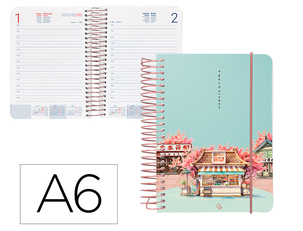 AGENDA ESPIRAL LIDERPAPEL SANTORINI A6 2025 DIA PAGINA CHERRY BLOSSOMS PAPEL 60 GR