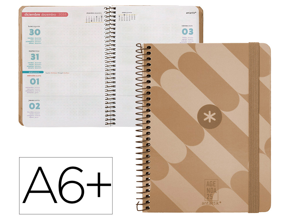 AGENDA ESPIRAL ANTARTIK PATTERN A6+ 2025 SEMANA VISTA COLOR ROSA NUDE PAPEL 80GR