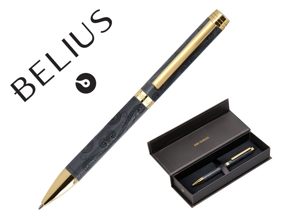 BOLIGRAFO BELIUS WILD WEST ALUMINIO COLOR NEGRO DORADO TINTA COLOR AZUL CAJA DE DISEO