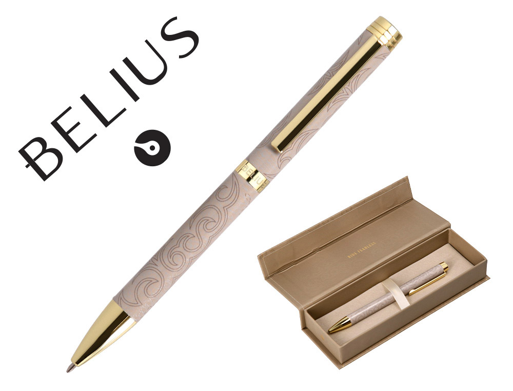 BOLIGRAFO BELIUS WILD WEST ALUMINIO COLOR BEIGE DORADO TINTA COLOR AZUL CAJA DE DISEO