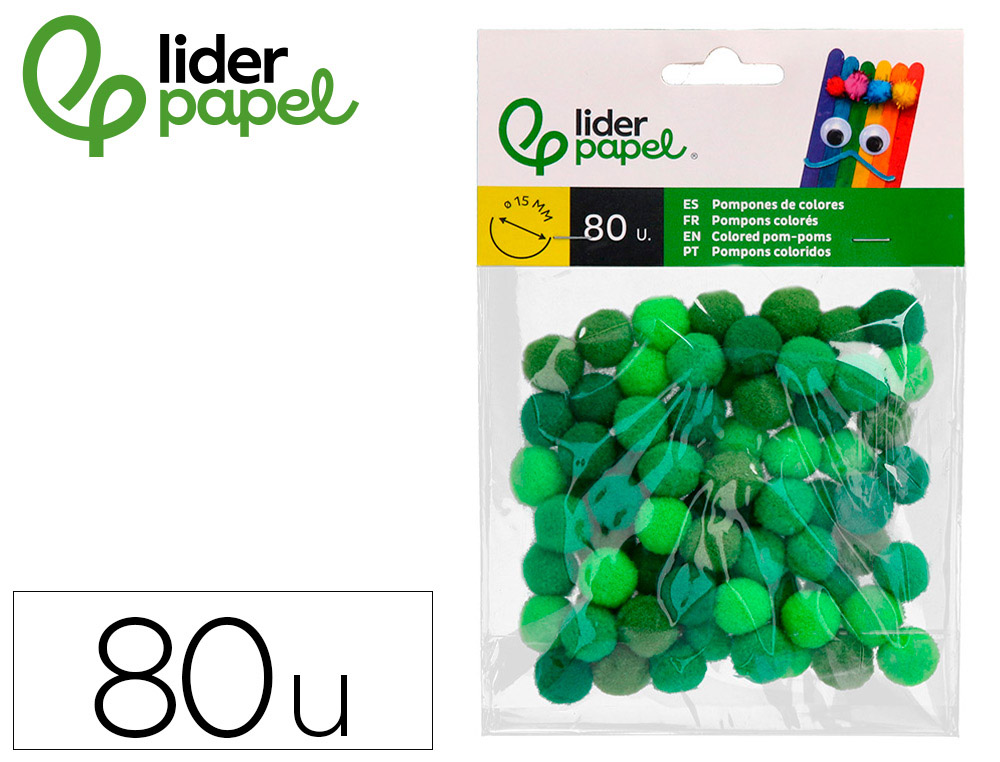 POMPONES DE COLORES LIDERPAPEL 1,5 CM TONALIDADES VERDES BOLSA CON 80 UNIDADES