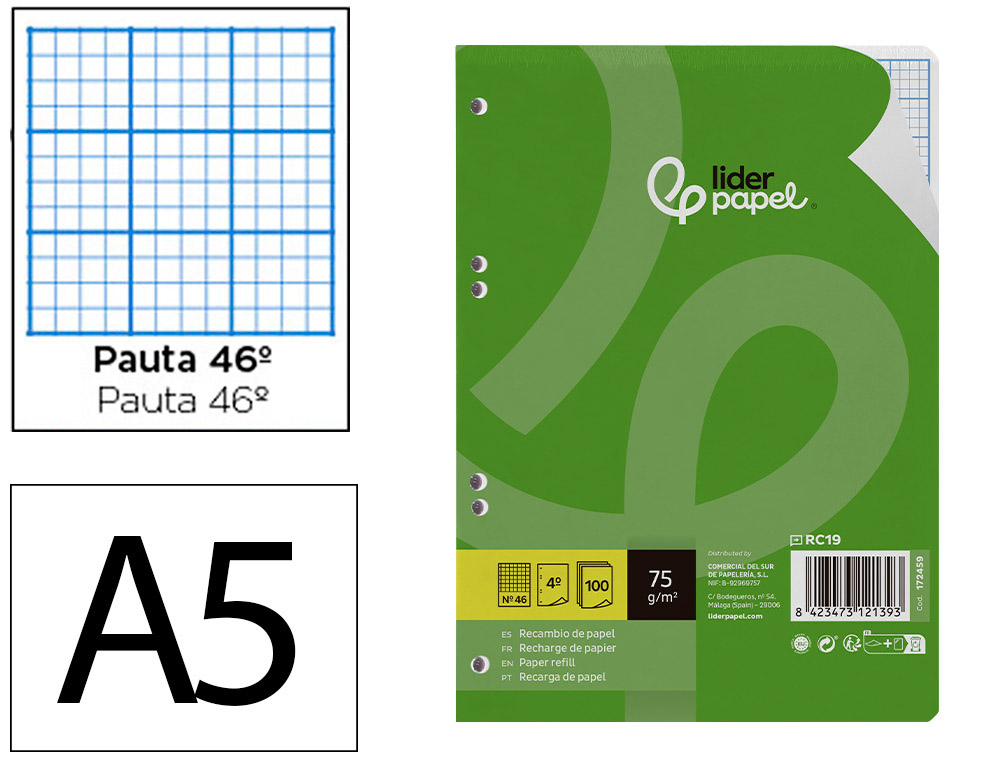 RECAMBIO LIDERPAPEL A5 100 HOJAS 75G/M2 RAYADO N 46 6 TALADROS