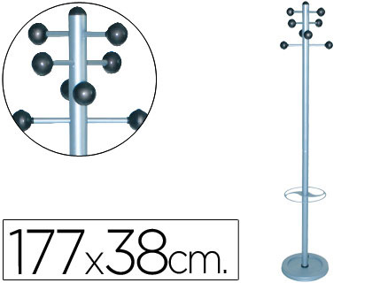 PERCHERO METALICO PIE CON PARAGUERO 8 COLGADORES COLOR PLATA 177X38 CM