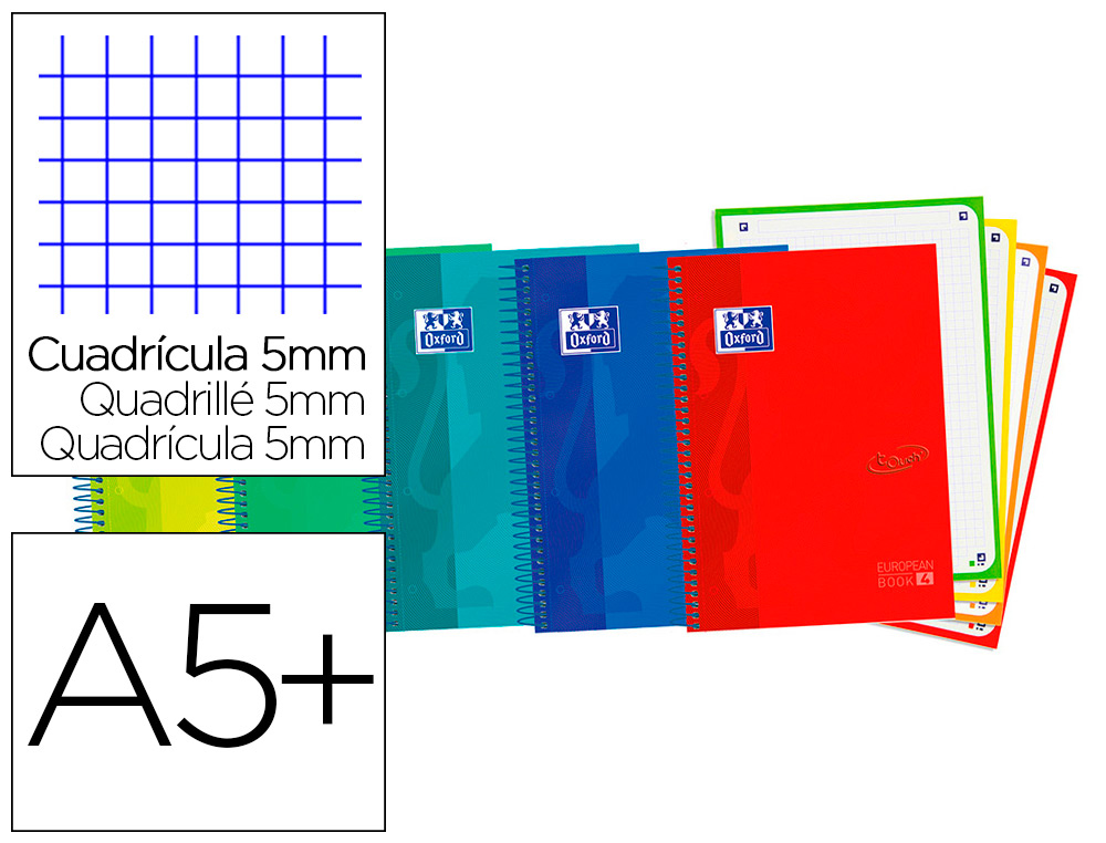 CUADERNO ESPIRAL OXFORD EBOOK 4 TAPA EXTRADURA DIN A5+ 120 H MICROPERFORADAS CUADRO 5 MM COLORES VIVOS SURTIDOS