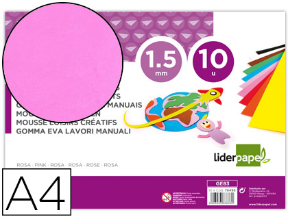 GOMA EVA LIDERPAPEL DIN A4 60G/M2 ESPESOR 1,5MM ROSA PAQUETE DE 10 HOJAS